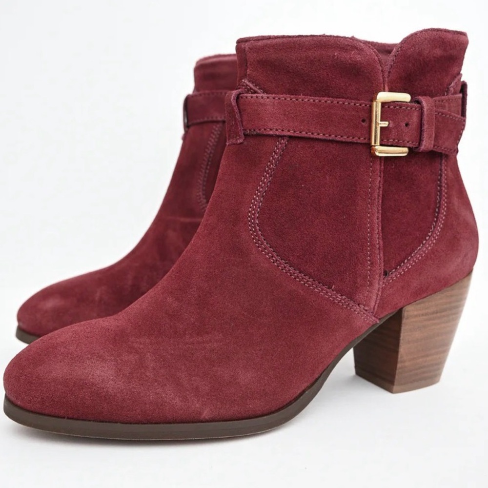 Diba Burgundy Suede Ankle Boots with Buckle Detail Size 7 NWOB